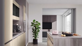 Einbauküche Express küchen aus Holz in Grau EXPRESS KÜCHEN Einbauküche Clean mit IGNIS Einbaugeräten Cremegrau & Eiche grau - zweizeilig