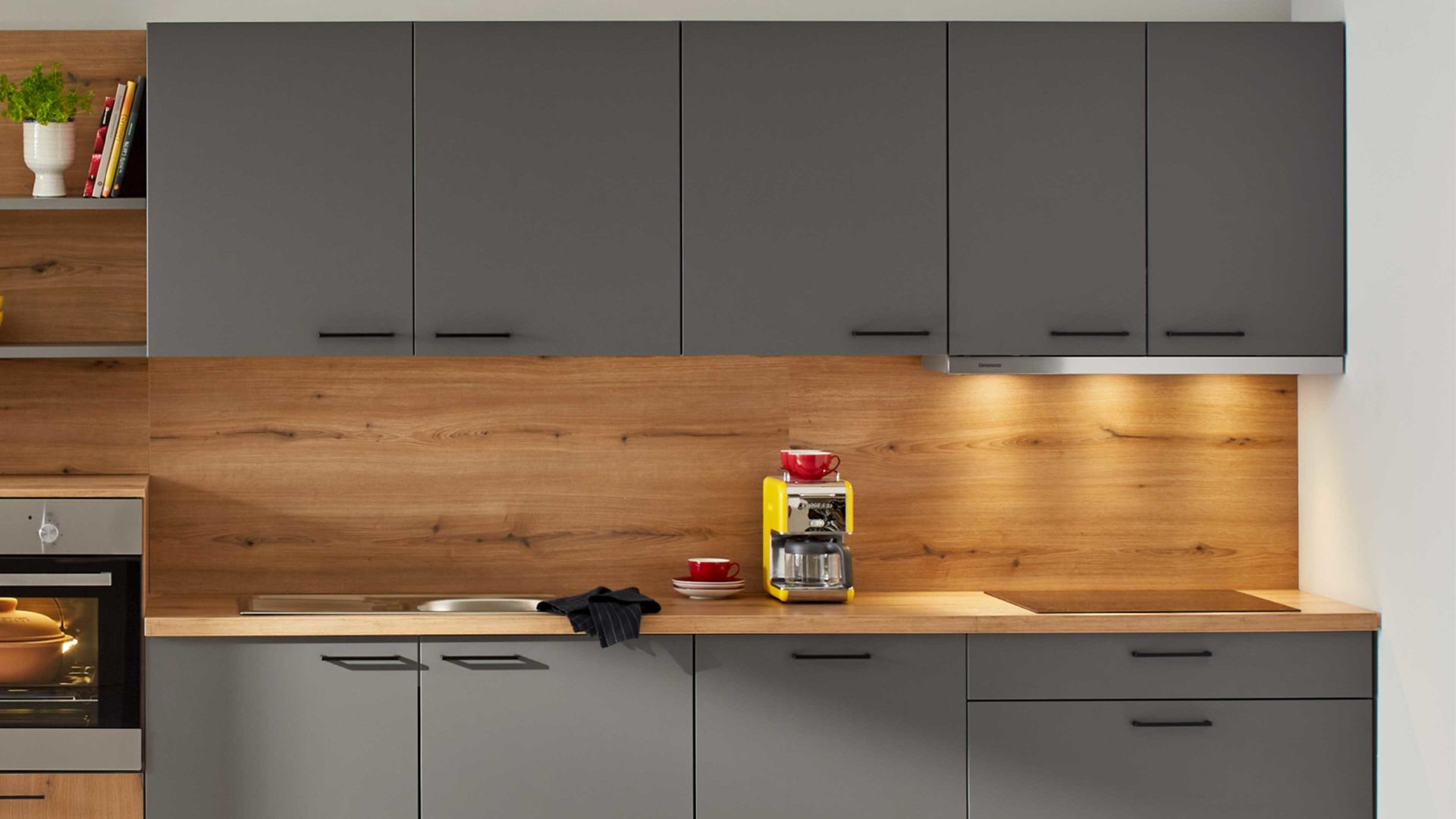 Einbauküche Express küchen aus Holz in Anthrazit EXPRESS KÜCHEN Einbauküche Win mit Einbaugeräten Anthrazit & Eiche astig - Länge ca. 510 cm