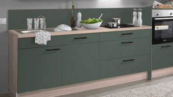 Einbauküche Pino aus Holz in Grün pino Einbauküche inklusive Einbaugeräte Verde & Tanne Clay - Länge ca. 343 cm