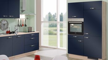 Einbauküche Pino aus Holz in Dunkelblau pino Einbauküche inklusive Einbaugeräte Indigoblau & Tanne Clay - zweizeilig
