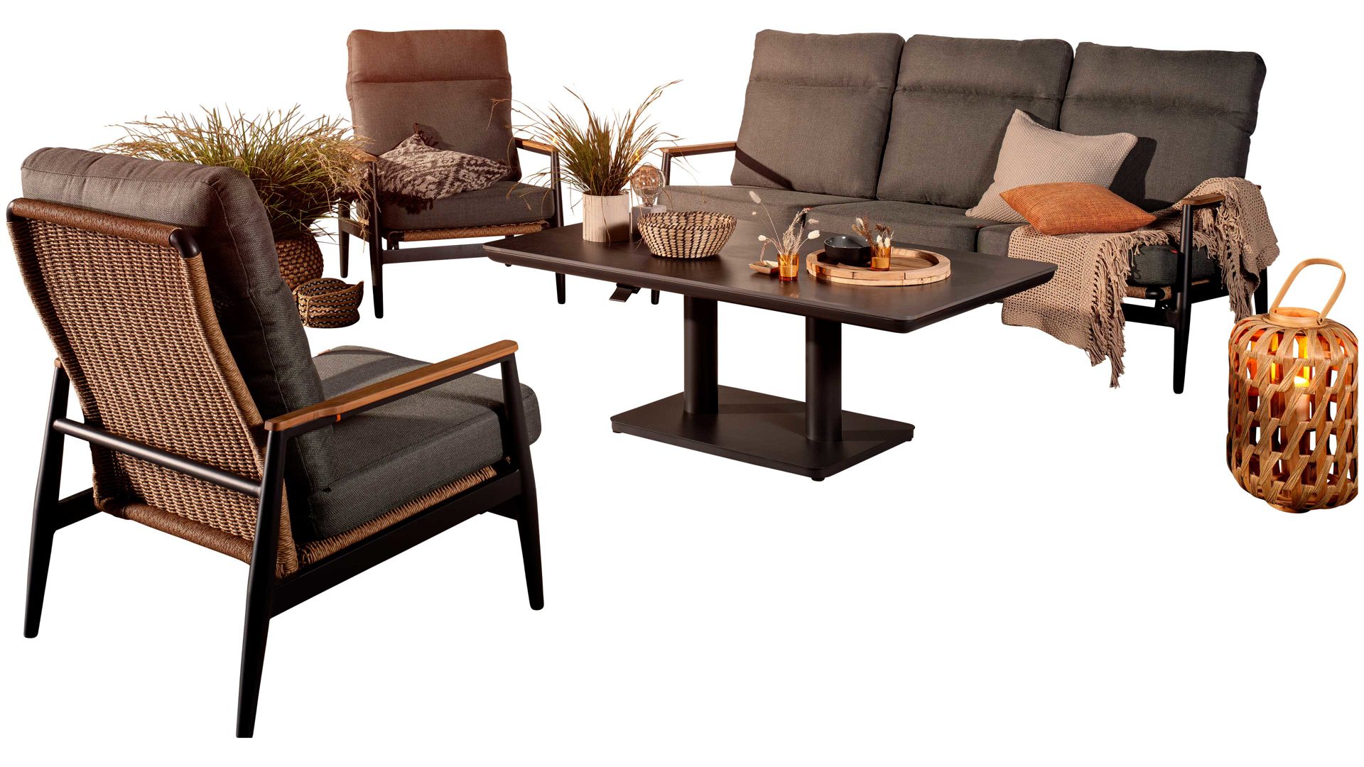 Lounge-Gruppe H. gautzsch aus Geflecht in Dunkelgrau Loungemöbel-Set Roma mit Auflagen Gardino®-Geflecht & Aluminium - dreiteilig