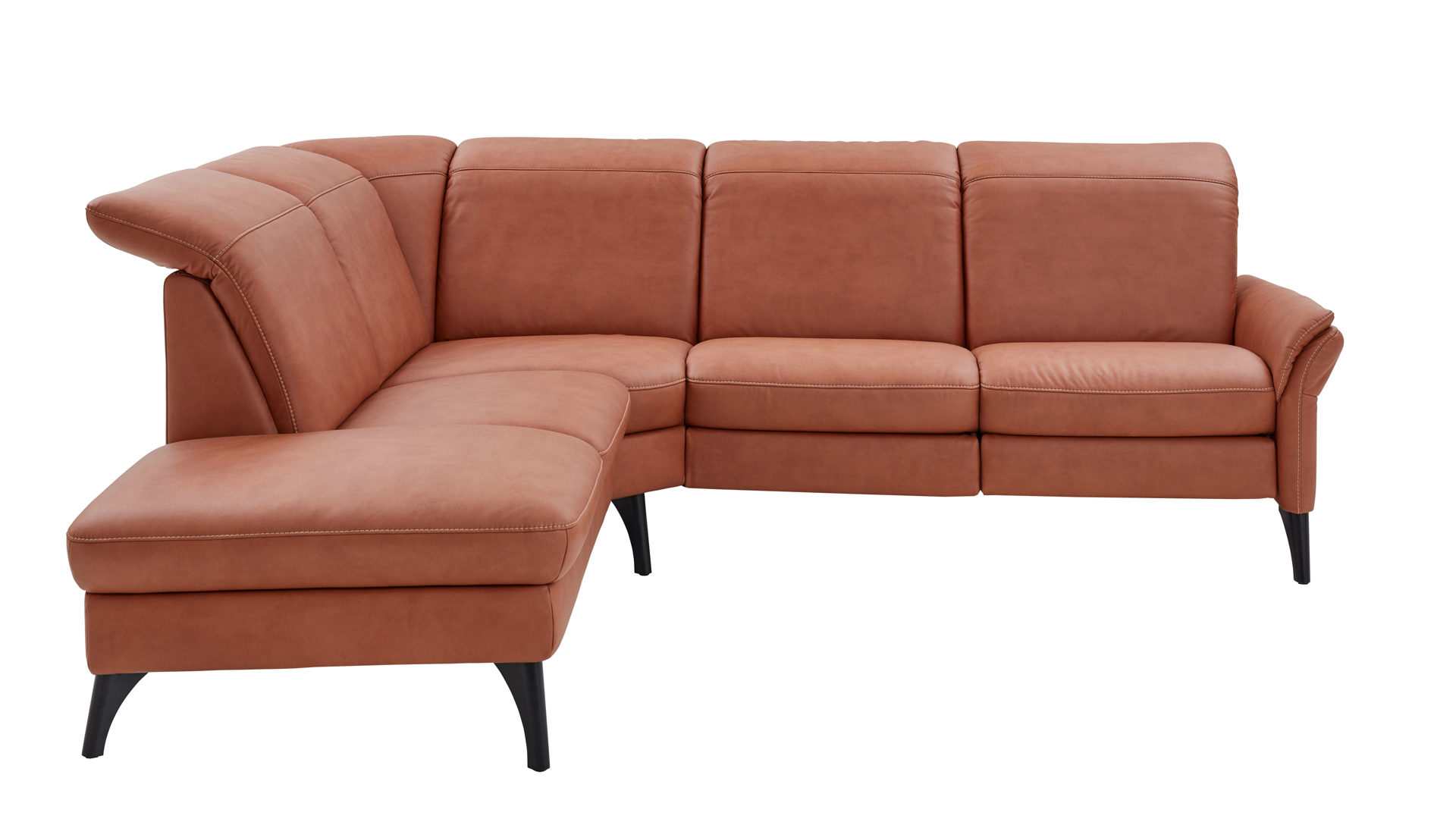 Ecksofa Steinpol polsteria aus Stoff in Orange Polsterprogramm Relaxa Trend 2.0 - Ecksofa cognacfarbener Bezug Kevin & Schwarz - Stellfläche ca. 239 x 271 cm