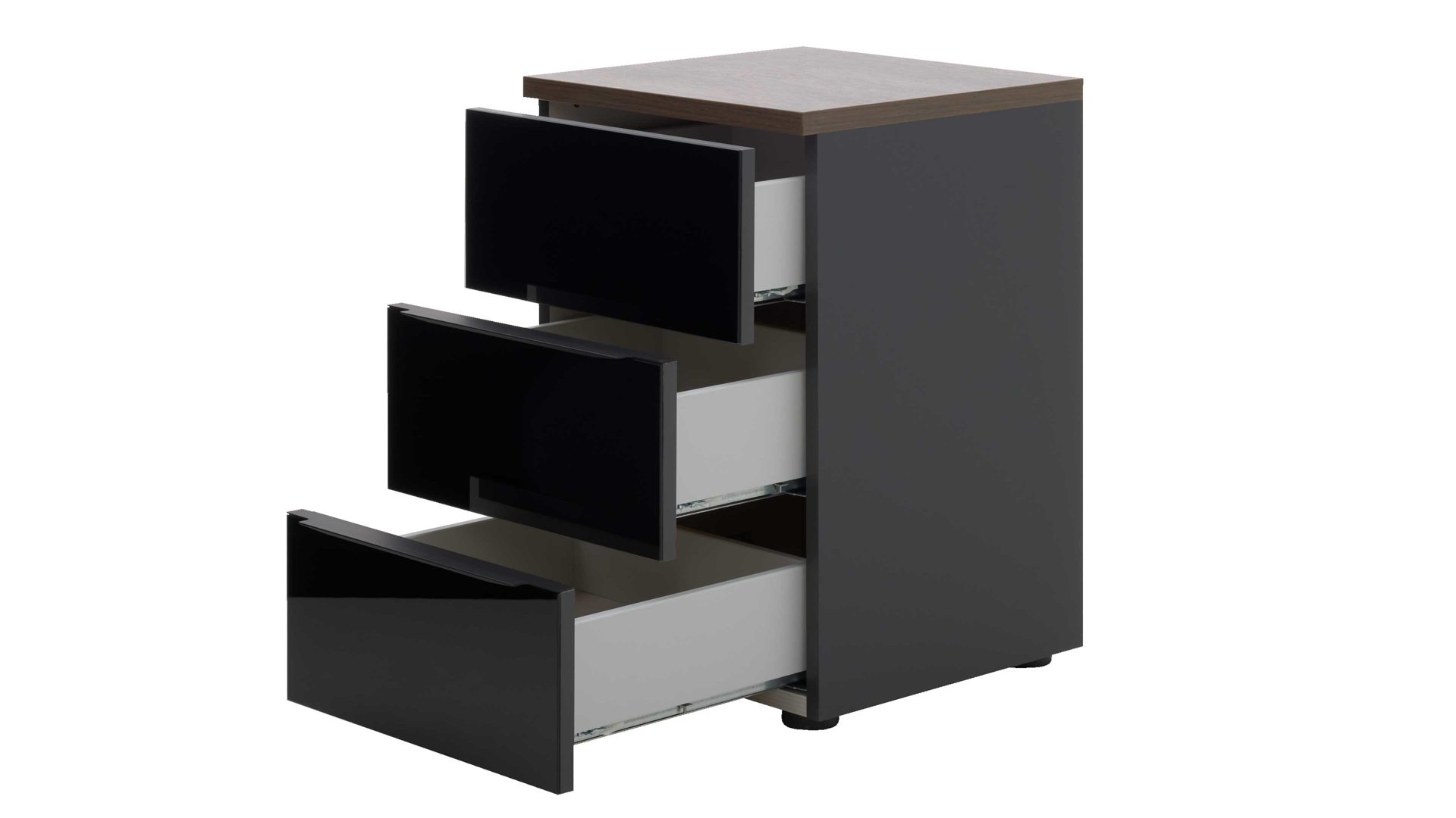 Nachtkommode Interliving aus Holz in Schwarz Interliving Kleiderschrank Serie 1208 - Nachtkommode Schwarzglas & Atlantic Eiche - drei Schubladen, Breite ca. 40 cm