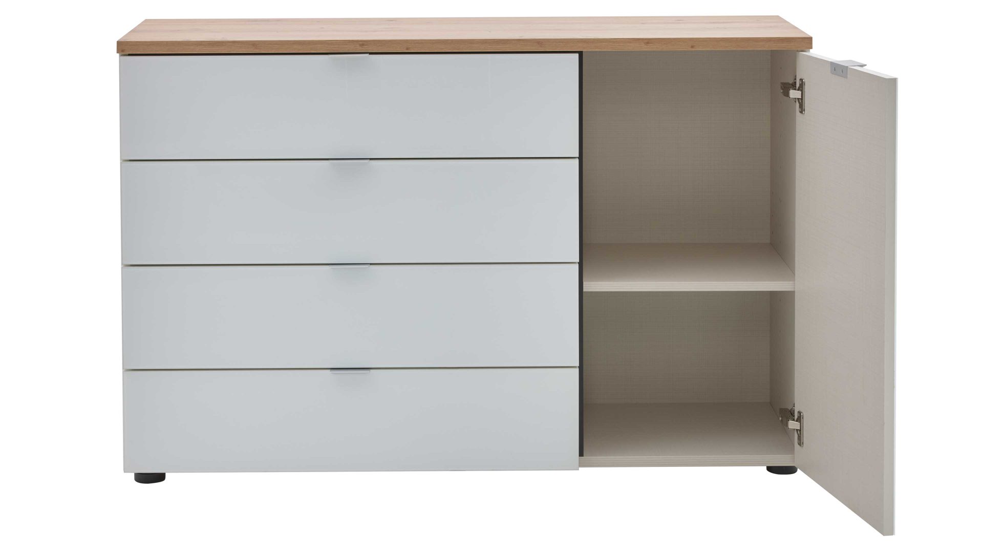 Kombikommode Interliving aus Holz in Weiß Interliving Kleiderschrank Serie 1208 - Kombikommode alpinweißes Glas & Artisan Eiche - eine Tür, vier Schubladen, Breite ca. 120 cm