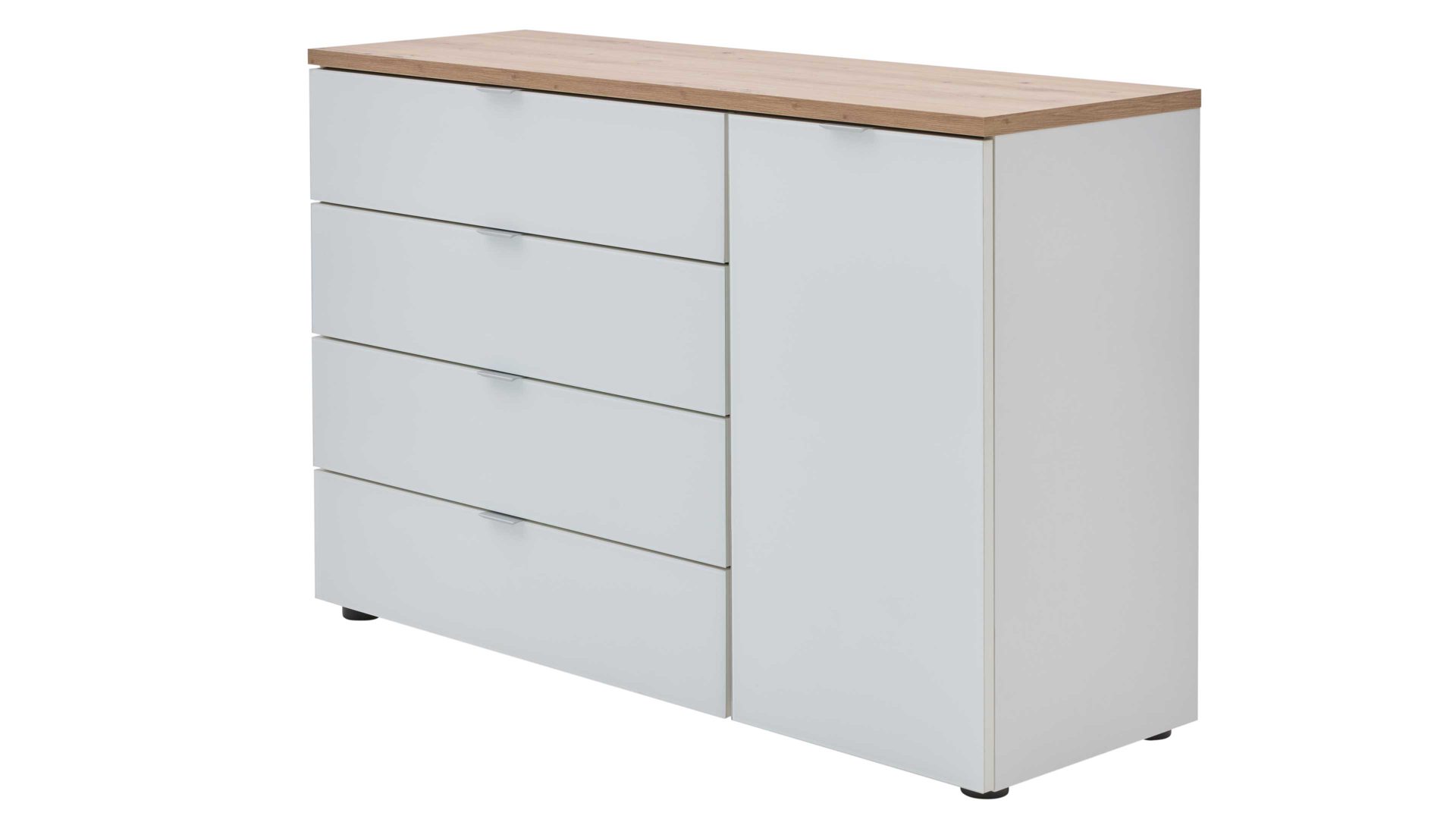 Kombikommode Interliving aus Holz in Weiß Interliving Kleiderschrank Serie 1208 - Kombikommode alpinweißes Glas & Artisan Eiche - eine Tür, vier Schubladen, Breite ca. 120 cm