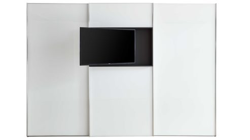Kleiderschrank Staud aus Glas in Weiß STAUD Schwebetürenschrank Media Flat mit TV-Nische Alpinweiß & Vulkan – drei Türen, Breite ca. 336 cm