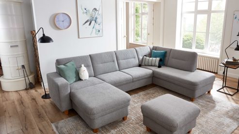 Ecksofa KAWOO aus Stoff in Hellgrau KAWOO Serie Cliff - Ecksofa als Wohnlandschaft platingraue Chenille - Stellfläche ca. 300 x 198 cm