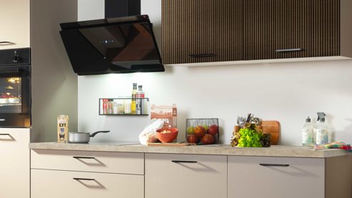 Einbauküche Express küchen aus Holz in Hellgrau EXPRESS KÜCHEN Einbauküche Win mit Einbaugeräten Cremegrau & Stripe Dunkelbraun - Länge ca. 280 cm