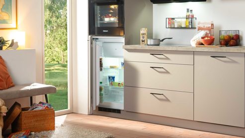 Einbauküche Express küchen aus Holz in Hellgrau EXPRESS KÜCHEN Einbauküche Win mit Einbaugeräten Cremegrau & Stripe Dunkelbraun - Länge ca. 280 cm