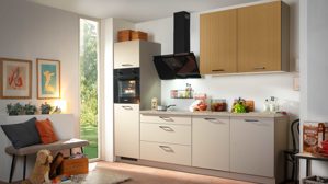 Einbauküche Express küchen aus Holz in Holzfarben Hell EXPRESS KÜCHEN Einbauküche Win mit Einbaugeräten Cremegrau & Stripe Hellbraun - Länge ca. 280 cm