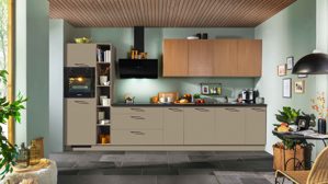 Einbauküche Express küchen aus Holz in Holzfarben Hell EXPRESS KÜCHEN Einbauküche Win mit Einbaugeräten Cremegrau & Stripe Hellbraun - Länge ca. 390 cm