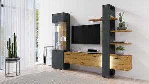 Anbauwand Helvetia aus Folie Glas Holz Kunststoff Nachbildung in Grau Holzfarben HELVETIA Anbauwand Moreno Matera grau Laminat & Eiche Artisan Folie – zweiteilig