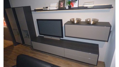 Wohnwand Rmw wohnmoebel aus Holz Nachbildung in Taupe Graphit RMW Wohnkombination Wohnwand VALEA Lack Taupe Hochglanz, Seiten und Rückwand Eiche graphit – Breite ca. 363 cm