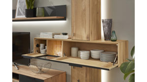 Wohnwand Interliving aus Glas Holz Metall in Holzfarben Anthrazit Grau Interliving Wohnzimmer Serie 2005 - Wohnwand V11701 Astbuche bianco geölt + Glas Parsol grau, Breite ca. 303 cm