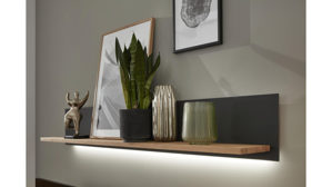 Wohnwand Interliving aus Glas Holz Metall in Holzfarben Anthrazit Grau Interliving Wohnzimmer Serie 2005 - Wohnwand V11701 Astbuche bianco geölt + Glas Parsol grau, Breite ca. 303 cm