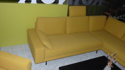 Sofa Freistil aus Holz Metall Stoff in Gelb ROLF BENZ freistil 170 Polstergarnitur Eckgarnitur + Sessel Stoff honiggelb 6545, ca. 275 x 213 cm, Stahl-Rundrohrfuss schwarz