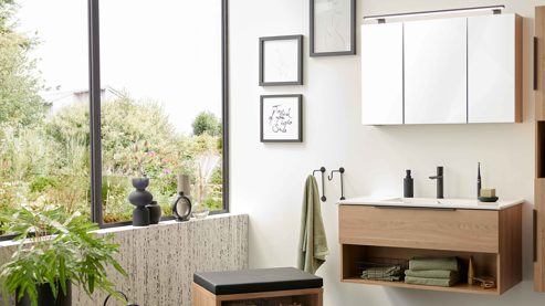 Badmöbel-Set Interliving aus Holz in Holzfarben Interliving Bad Serie 3702 - Badmöbel-Set 7751 braune Cuneo Eiche - dreiteilig