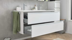 Waschbeckenunterschrank Interliving aus Holz in Weiß Interliving Bad Serie 3702 - Waschtischunterschrank 7793 Edelweiß - zwei Schubladen, Breite ca. 120 cm