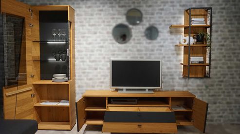 Wohnwand Interliving aus Furnier Glas Holz Metall in Holzfarben Dunkelgrau Interliving Wohnzimmer Serie 2021 - Wohnwand, Wohnkombination Wildeiche Echtholzfurnier + Abs. Beton stone grey, Breite ca. 280 cm