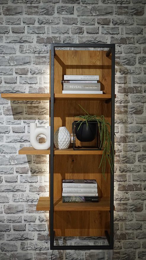 Wohnwand Interliving aus Furnier Glas Holz Metall in Holzfarben Dunkelgrau Interliving Wohnzimmer Serie 2021 - Wohnwand, Wohnkombination Wildeiche Echtholzfurnier + Abs. Beton stone grey, Breite ca. 280 cm