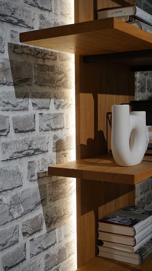 Wohnwand Interliving aus Furnier Glas Holz Metall in Holzfarben Dunkelgrau Interliving Wohnzimmer Serie 2021 - Wohnwand, Wohnkombination Wildeiche Echtholzfurnier + Abs. Beton stone grey, Breite ca. 280 cm