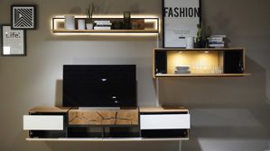 Wohnwand Interliving aus Holz in Weiß Interliving Wohnzimmer Serie 2106 – Wohnwand 620002W weißer Lack &  Asteiche – dreiteilig, Breite ca. 290 cm