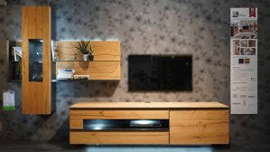 Wohnwand Interliving aus Furnier Holz in Holzfarben Hell Interliving Wohnzimmer Serie 2103 – Wohnwand 560001S02 Front Asteiche, Korpus Schiefer schwarz, Breite ca. 311 cm