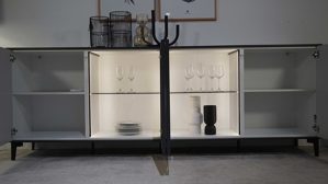 Sideboard Interliving aus Furnier Glas Holz Metall in Hellgrau Schwarz Interliving Serie 2107 Sideboard 243 mit Beleuchtung Front Quarzgrau, Aussenkorpus Schieferschwarz, Breite ca. 243 cm