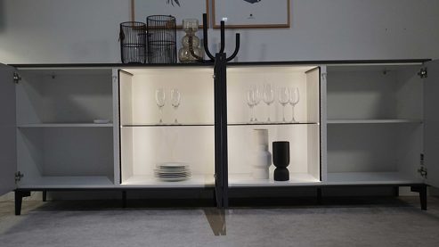 Sideboard Interliving aus Furnier Glas Holz Metall in Hellgrau Schwarz Interliving Serie 2107 Sideboard 243 mit Beleuchtung Front Quarzgrau, Aussenkorpus Schieferschwarz, Breite ca. 243 cm