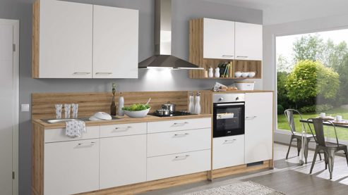 Einbauküche Pino aus Holz in Hellgrau pino Einbauküche inklusive Einbaugeräte Kaschmirgrau & Evoke Eiche - Länge ca. 343 cm