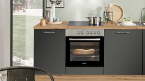 Einbauküche Pino aus Holz in Graphit pino Einbauküche inklusive Einbaugeräte Grafit & Evoke Eiche - Länge ca. 290 cm