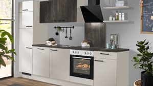 Einbauküche Pino aus Holz in Hellgrau pino Einbauküche inklusive Einbaugeräte Kaschmirgrau & Hemlock Lava Eiche - Länge ca. 290 cm