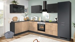 Einbauküche Pino aus Holz in Holzfarben pino Einbauküche inklusive Einbaugeräte Eiche Aviva & Grafit - Stellfläche ca. 275 x 205