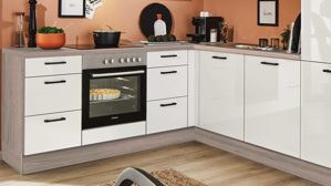 Einbauküche Pino aus Holz in Weiß pino Einbauküche inklusive Einbaugeräte Hochglanz Weiß & Tanne Clay - Stellfläche ca. 215 x 245 cm