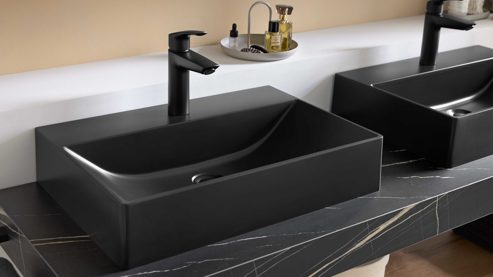 Waschtisch-Set / Waschbecken-Set Interliving aus Holz in Schwarz Interliving Bad Serie 7198 – Konsolen-Set Marmor Venato Nero - Länge ca. 160 cm