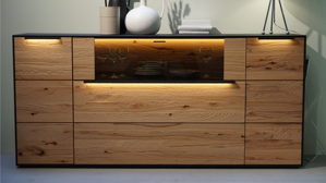 Sideboard Interliving aus Glas Holz Metall in Holzfarben Anthrazit Interliving Wohnzimmer Serie 2026 - Sideboard 4191 Front + Rücken Riffbuche massiv + Kernesche gebeizt anthrazit, Breite ca. 194 cm