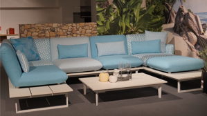 Gartensofa W.schillig aus Kunststoff Metall Stoff in Hellblau Weiß W.SCHILLIG Outdoor-Eckkombination Lagoona mint-weißer Stoffbezug & weiße Metallkufen – Stellfläche ca. 200 x 395 x 200 cm