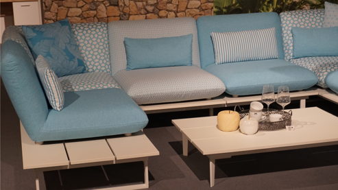 Gartensofa W.schillig aus Kunststoff Metall Stoff in Hellblau Weiß W.SCHILLIG Outdoor-Eckkombination Lagoona mint-weißer Stoffbezug & weiße Metallkufen – Stellfläche ca. 200 x 395 x 200 cm