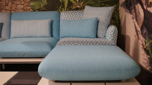 Gartensofa W.schillig aus Kunststoff Metall Stoff in Hellblau Weiß W.SCHILLIG Outdoor-Eckkombination Lagoona mint-weißer Stoffbezug & weiße Metallkufen – Stellfläche ca. 200 x 395 x 200 cm