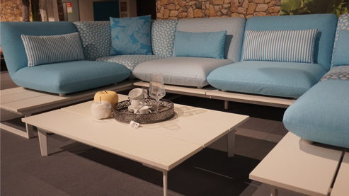 Gartensofa W.schillig aus Kunststoff Metall Stoff in Hellblau Weiß W.SCHILLIG Outdoor-Eckkombination Lagoona mint-weißer Stoffbezug & weiße Metallkufen – Stellfläche ca. 200 x 395 x 200 cm