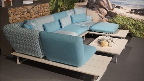 Gartensofa W.schillig aus Kunststoff Metall Stoff in Hellblau Weiß W.SCHILLIG Outdoor-Eckkombination Lagoona mint-weißer Stoffbezug & weiße Metallkufen – Stellfläche ca. 200 x 395 x 200 cm