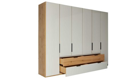 Komplettzimmer Interliving aus Holz in Hellgrau Interliving Schlafzimmer Serie 1034 – Komplettzimmer mit Stauraumkommode champagnerfarbenes Glas & Kernholz - Liegefläche ca. 180 x 200 cm