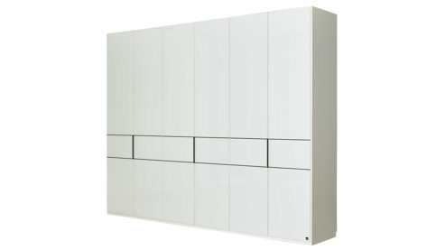 Möbelbeleuchtung Interliving aus Holz in Weiß Interliving Schlafzimmer Serie 1033 – Kleiderschrank 605 mit Beleuchtung weißes Glas & Holz – sechs Türen, Breite ca. 300 cm