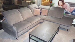 Ecksofa W.schillig aus Metall Stoff in Grau W.SCHILLIG Eckkombination Sherry, Polstergarnitur blaugrauer Webstoff & anthrazitfarbene Metallfüße – Stellfläche ca. 292 x 230 cm