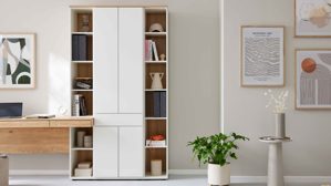 Wohnwand Interliving aus Holz in Weiß Interliving Wohnzimmer Serie 2031 - Homeoffice-Kombination Tonweiß & Risseiche - Länge ca. 255 cm