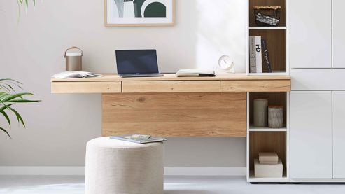 Wohnwand Interliving aus Holz in Weiß Interliving Wohnzimmer Serie 2031 - Homeoffice-Kombination Tonweiß & Risseiche - Länge ca. 255 cm