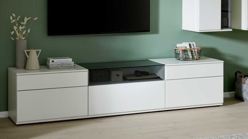 Wohnwand Interliving aus Holz in Weiß Interliving Wohnzimmer Serie 2031 - Wohnlösung EB27001 Tonweiß & graues Glas - Länge ca. 270 cm