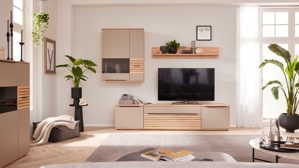 Wohnwand Interliving aus Holz in Grau Interliving Wohnzimmer Serie 2032 - Wohnwand EB27001 Grau & Balkenbuche - Länge ca. 315 cm