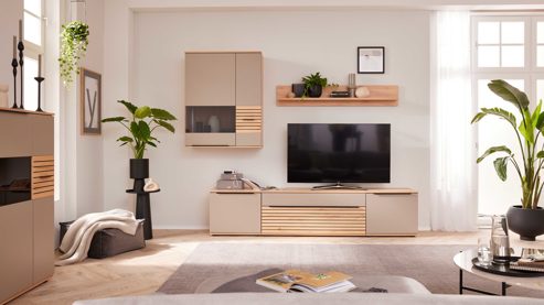 Wohnwand Interliving aus Holz in Grau Interliving Wohnzimmer Serie 2032 - Wohnwand EB27001 Grau & Balkenbuche - Länge ca. 315 cm