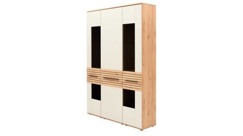 Vitrine Interliving aus Holz in Beige Interliving Wohnzimmer Serie 2032 - Vitrine Sandbeige & Risseiche - dreiteilig, Länge ca. 150 cm